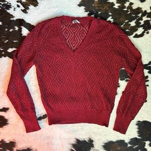 Vintage Maroon Red V-Neck Knit Sweater